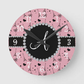 Monogram pretty pink eiffel tower pattern round clock