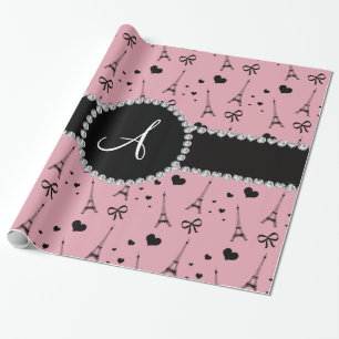 Monogram pretty pink eiffel tower pattern wrapping paper