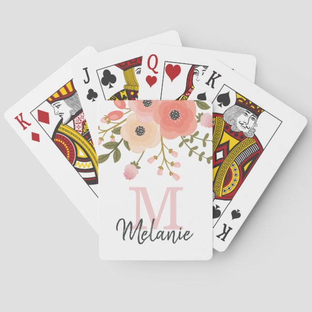 Monogram Pretty Pink Floral Greenery Playing Cards (Back)