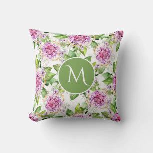 Monogram Pretty Purple Green Watercolor Floral Cushion