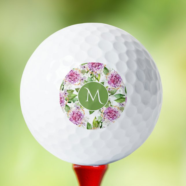 Monogram Pretty Purple Green Watercolor Floral Golf Balls (Creator Uploaded)