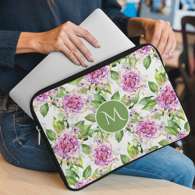 Monogram Pretty Purple Green Watercolor Floral Laptop Sleeve (Creator Uploaded)