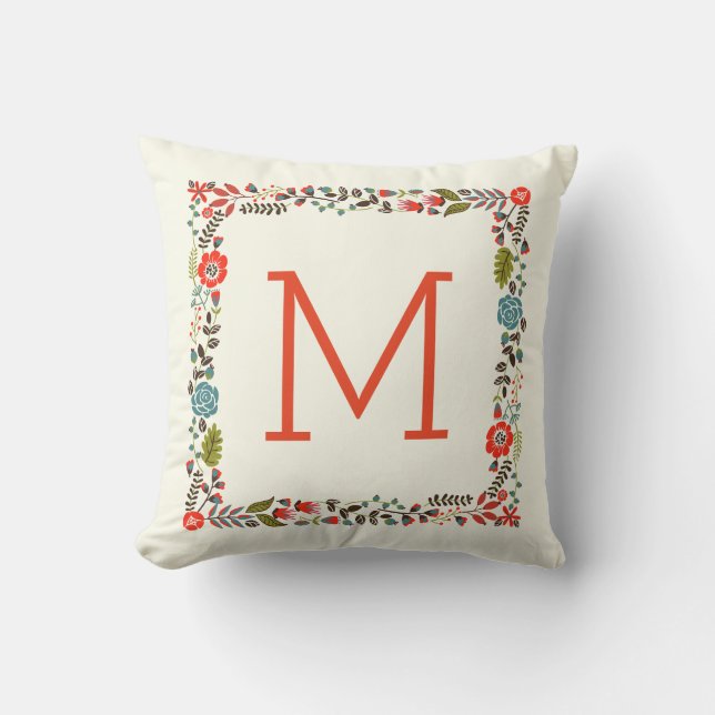 Monogram pretty spring floral border teal, red outdoor cushion (Front)