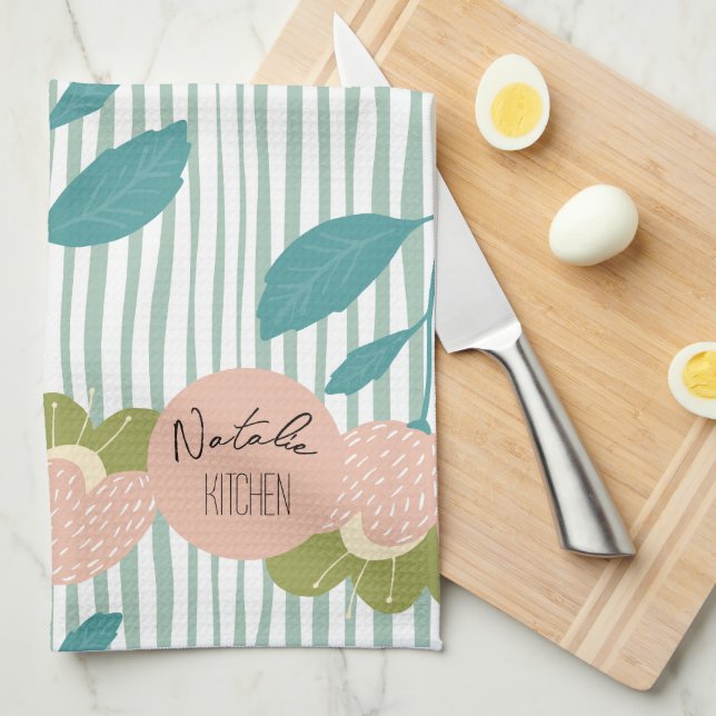 Monogram pretty stylish Script Retro Floral blue Tea Towel (Quarter Fold)