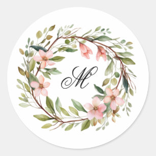 Monogram Pretty Twig and Wildflower Wreath Classic Round Sticker