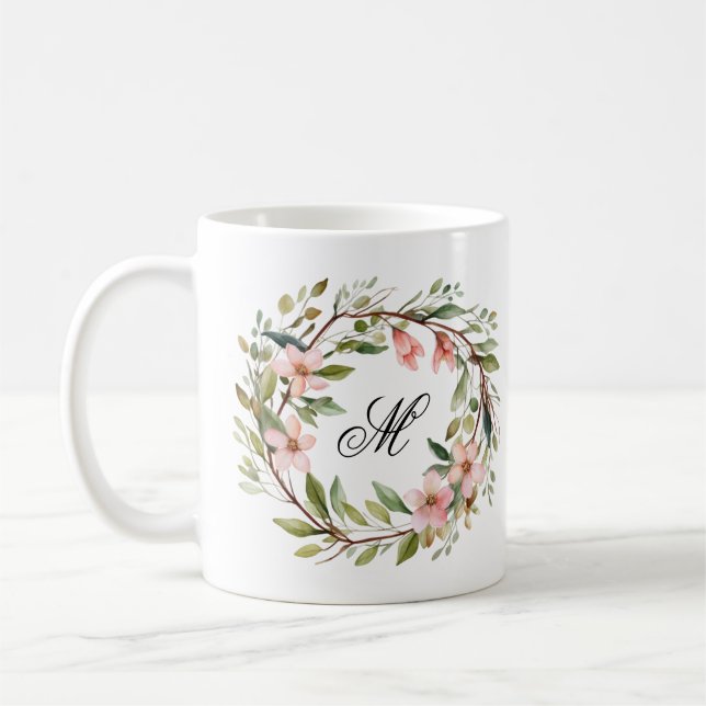 Monogram Pretty Twig and Wildflower Wreath Coffee Mug (Left)