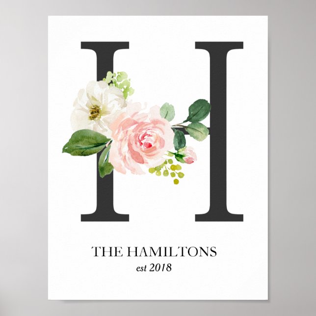 Monogram Print, Floral Letter H, Wedding, Nursery Poster (Front)