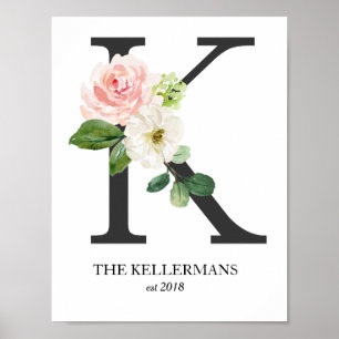 Monogram Print, Floral Letter K, Wedding, Nursery Poster