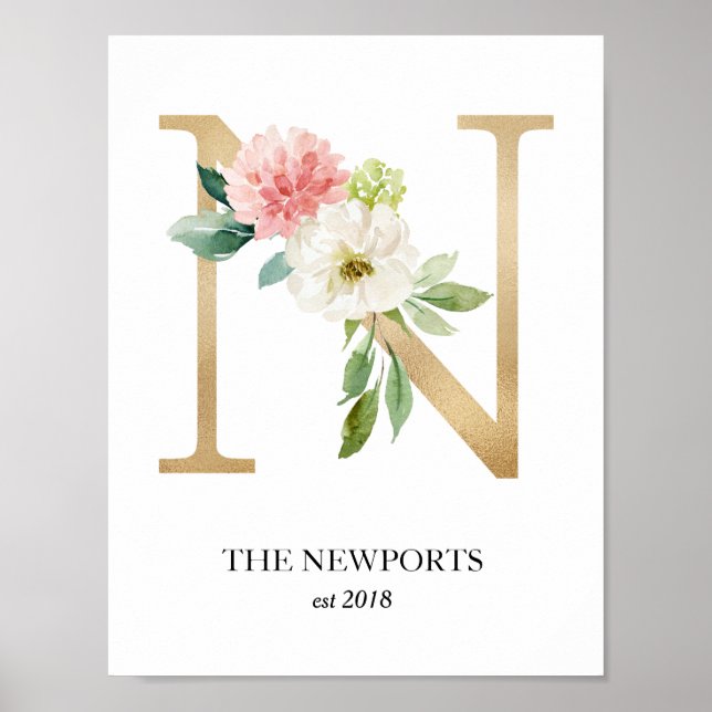 Monogram Print, Floral Letter N, Wedding, Nursery Poster (Front)