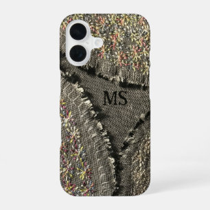 Monogram printed linen look floral grey pastel iPhone 16 case