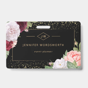 Monogram Professional Elegant Floral Rose Black ID Badge