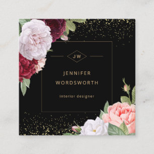 Monogram Professional Elegant Floral Rose Black Square Business Card