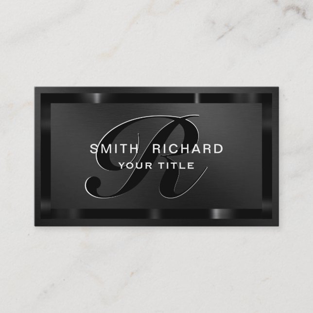 Monogram Professional Metal Plain chic Black Business Card (Front)