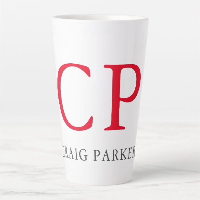 Monogram Professional Plain Red White Initials Latte Mug (Front)