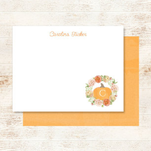 Monogram Pumpkin Fall Floral Wreath Stationery Card