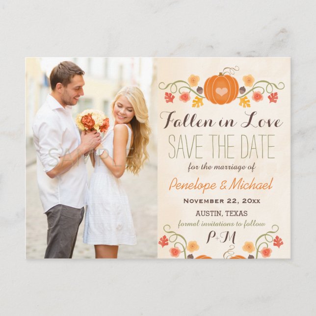 Monogram Pumpkin Fall Wedding Save the Date Announcement Postcard (Front)