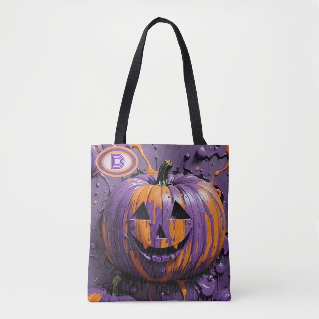 Monogram Pumpkin Purple & Orange Festive Tote Bag (Front)