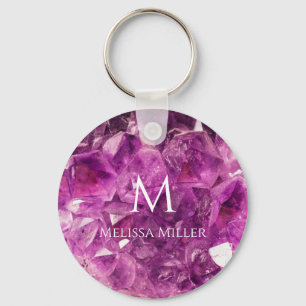 Monogram Purple Amethyst Crystal Custom Name Gem  Key Ring
