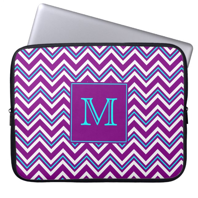 Monogram Purple and Aqua Chevron Laptop Sleeve (Front)