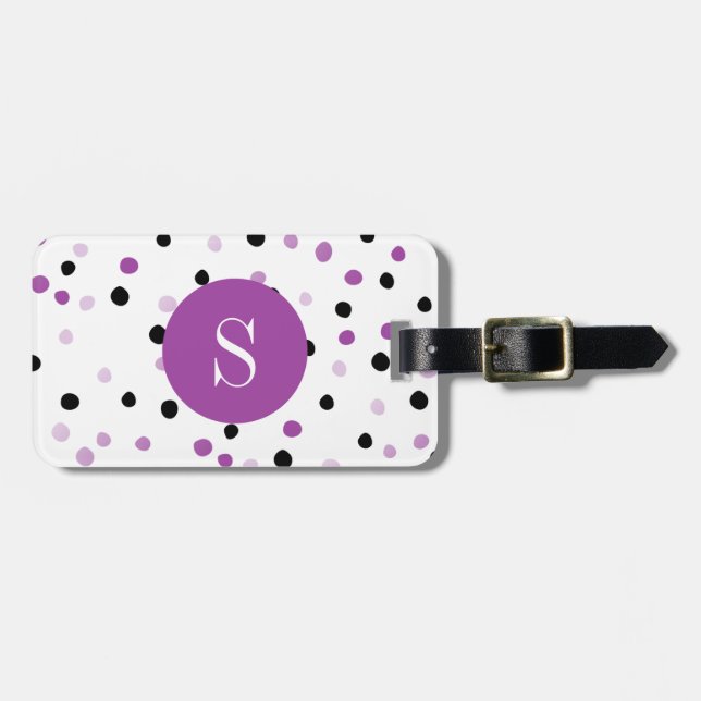 Monogram Purple and Black Dots Luggage Tag (Front Horizontal)
