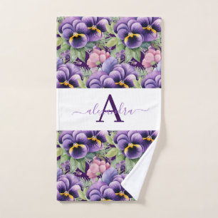 Monogram Purple and White Pansy Pansies Towel Set