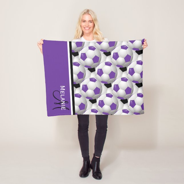 Monogram Purple Black Soccer Ball Pattern Fleece Blanket (In Situ)