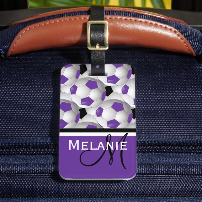 Monogram Purple Black Soccer Ball Pattern Luggage Tag (Front Insitu 2)