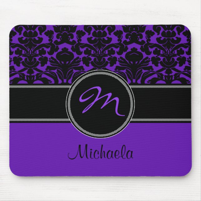Monogram Purple Black White Damask Mousepad (Front)