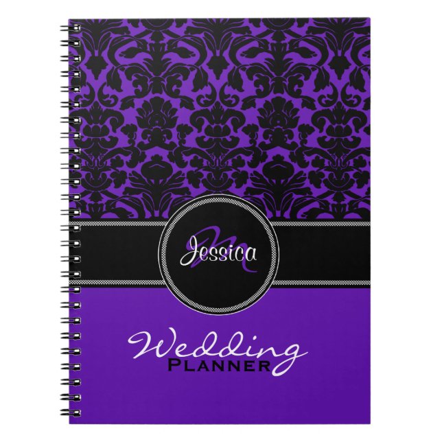 Monogram Purple Black White Damask Wedding Planner Spiral Notebook (Front)