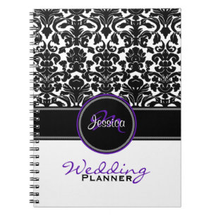 Monogram Purple Black White Damask Wedding Planner Spiral Notebook