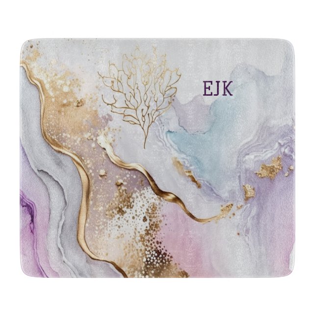 Monogram Purple Blue Gold Watercolor Wash Cutting Board (Front)