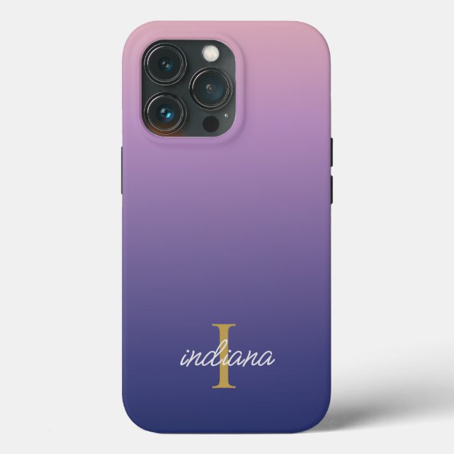 Monogram Purple Blue Ombre Stylish Script Name Case-Mate iPhone Case (Back)