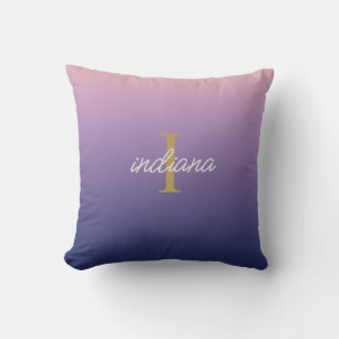 Monogram Purple Blue Ombre Stylish Script Name Cushion