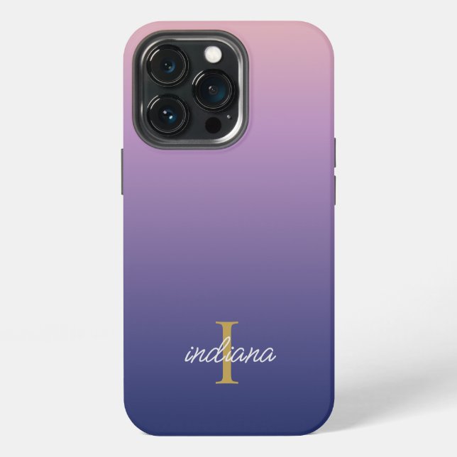 Monogram Purple Blue Ombre Stylish Script Name iPhone Case (Back)