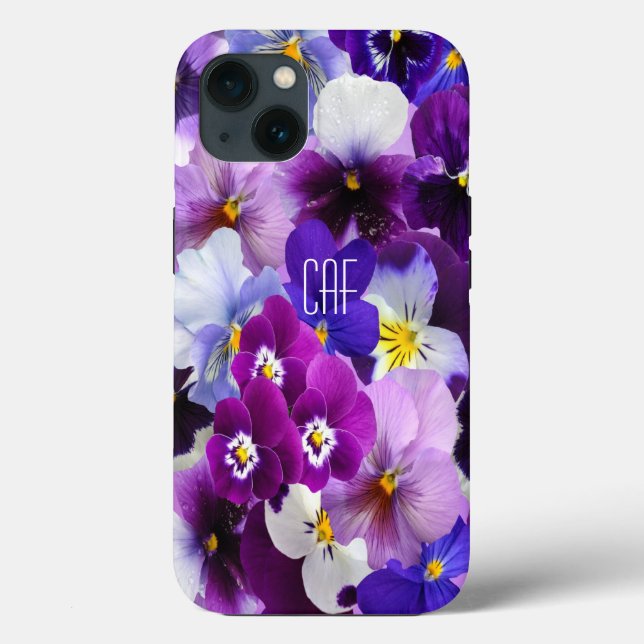 Monogram Purple Blue White Pansy Floral Case-Mate iPhone Case (Back)