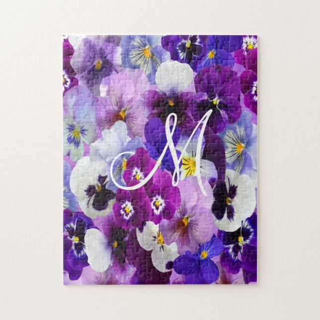 Monogram Purple Blue White Pansy Floral Flowers  Jigsaw Puzzle (Vertical)