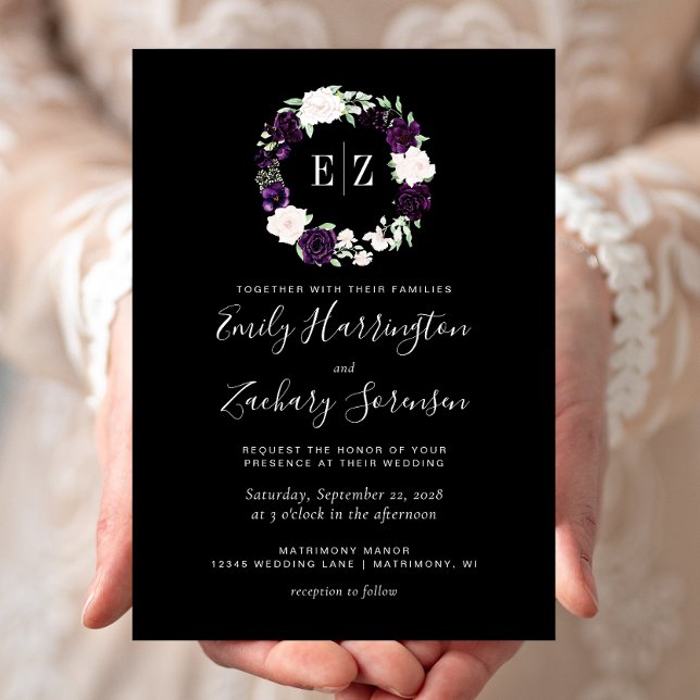 Monogram Purple Blush Floral Black Wedding Invitation (Creator Uploaded)