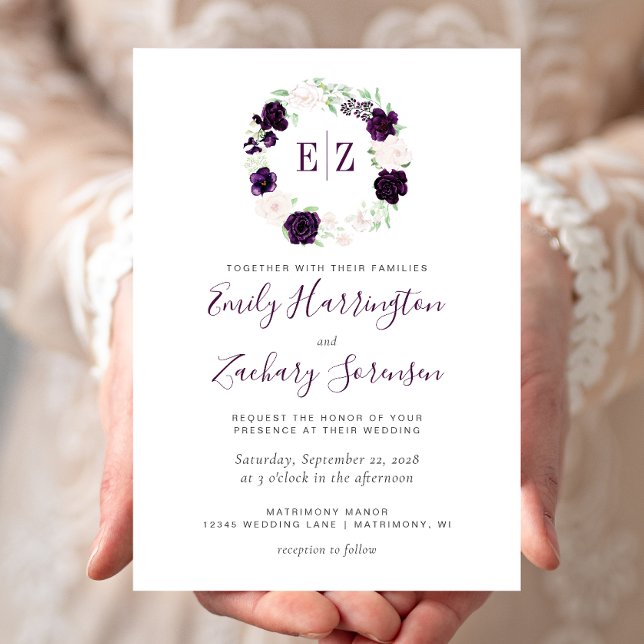 Monogram Purple Blush Floral Wedding Invitation (Creator Uploaded)