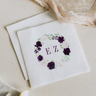 Monogram Purple Blush Floral Wreath Wedding Napkin