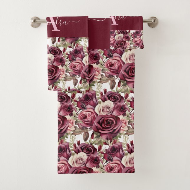 Monogram Purple Burgundy Pink Roses Towel Set (Insitu)