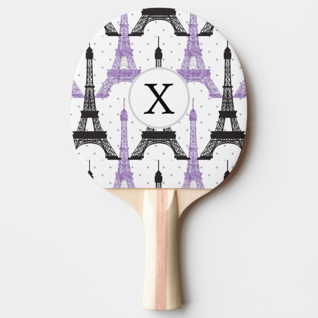 Monogram Purple Chic Eiffel Tower Pattern Ping Pong Paddle (Front)