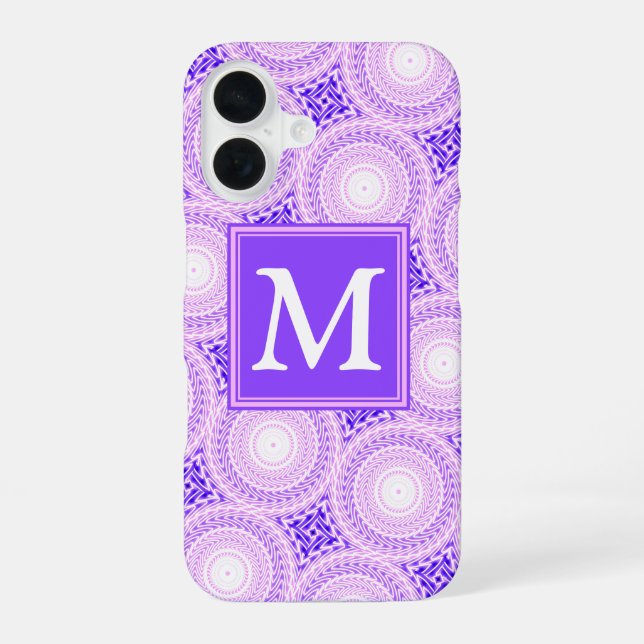 Monogram purple circles pattern iPhone 16 case (Back)