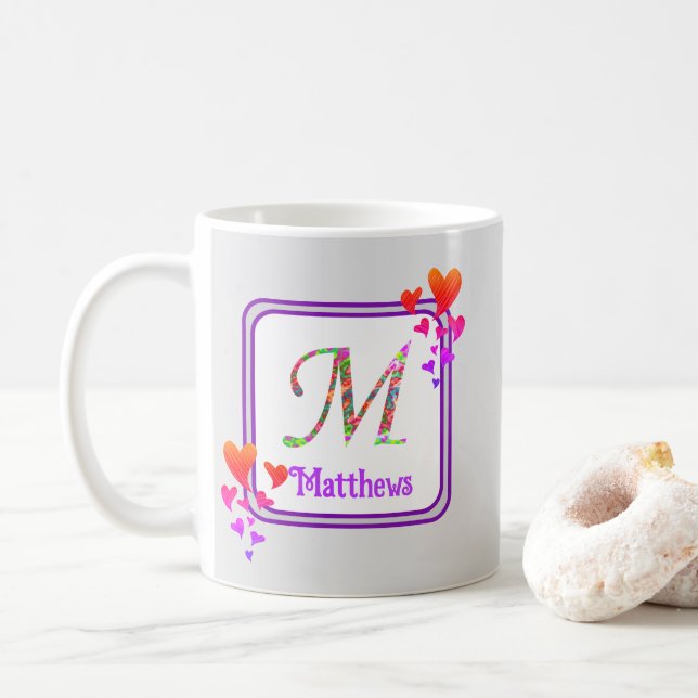 Monogram Purple Colourful Hearts Initial Last Name Coffee Mug (With Donut)