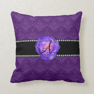 Monogram purple damask purple rose cushion