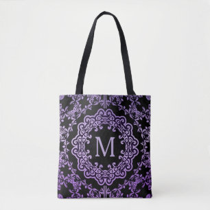 Monogram Purple Filigree Motif Tote Bag