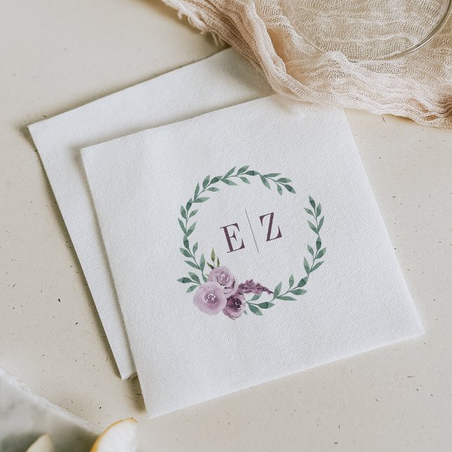 Monogram Purple Floral Foliage Boho Wedding Napkin (Creator Uploaded)