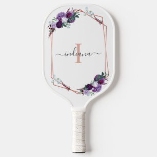 Monogram Purple Floral Rose Gold Geometric Name Pickleball Paddle