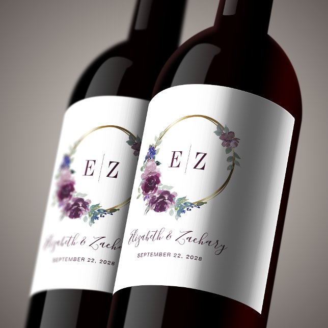 Monogram Purple Floral Wreath Boho Gold Frame Wine Label (Creator Uploaded)