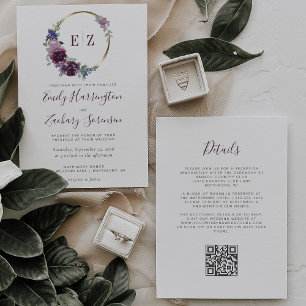 Monogram Purple Floral Wreath QR Code Wedding Invitation