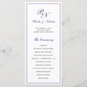 Monogram Purple Formal Elegant Wedding Programme